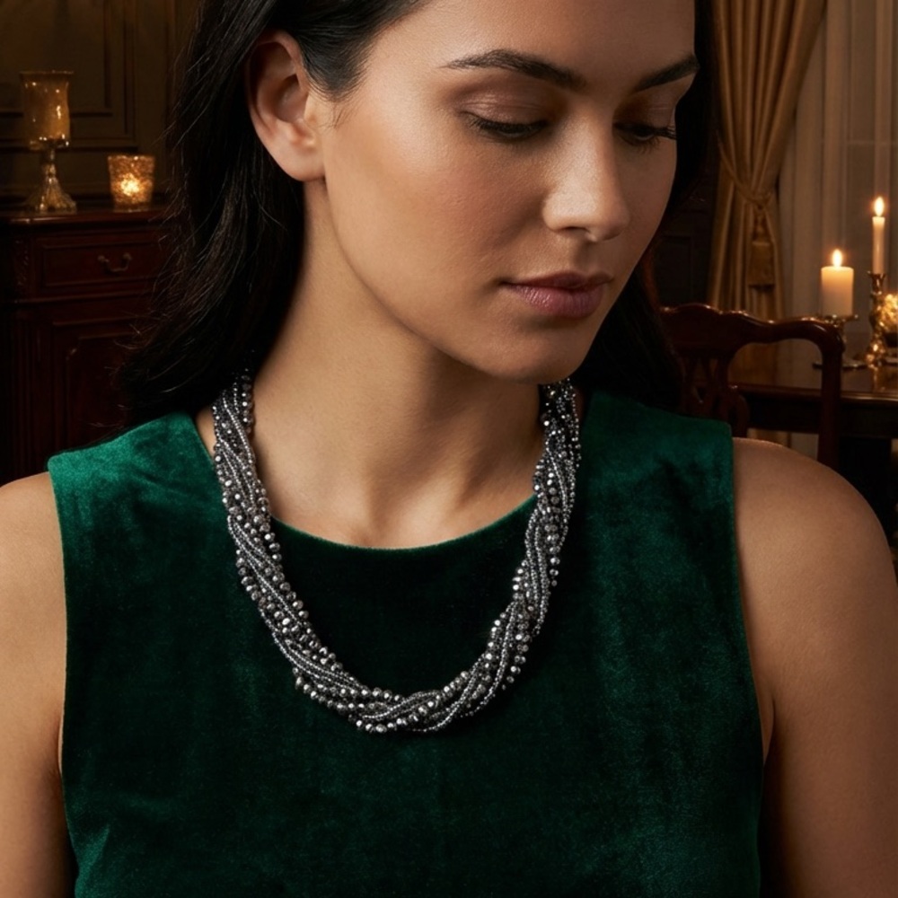 Multi strand sea bead necklace iridescent gunmetal crystal clasp whimsical bold